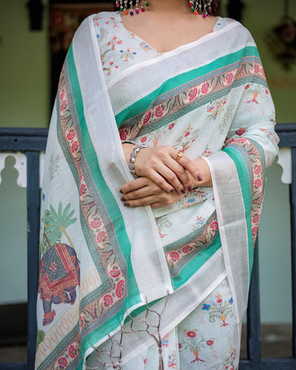 Pure Linen Saree With Royal Artistic Elephants & Floral Design Print