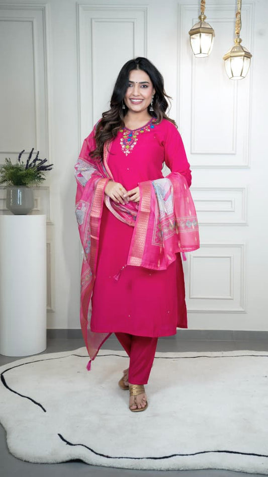 Pink Designer Premium Roman Silk Hand Work Kurti Pant With Dupatta Set