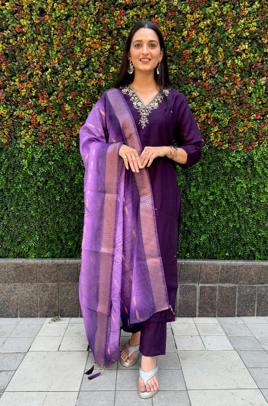 Designer Roman Silk Embroidery & Sequence Work Dark Purple Kurti Pant With Dupatta Set