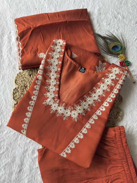 New Designer Roman Silk Embroidery & Sequence Work Kurti Pant With Dupatta Set