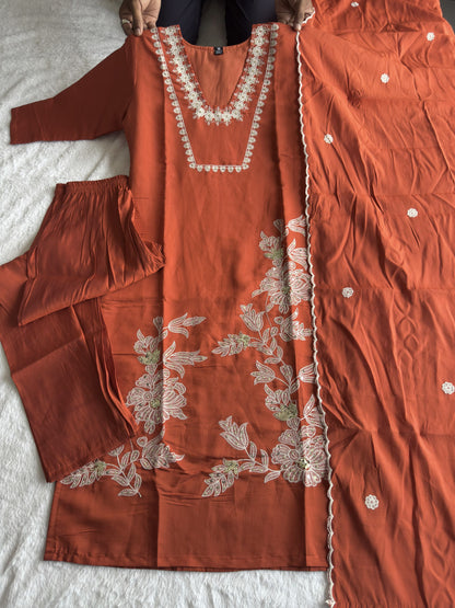New Designer Roman Silk Embroidery & Sequence Work Kurti Pant With Dupatta Set