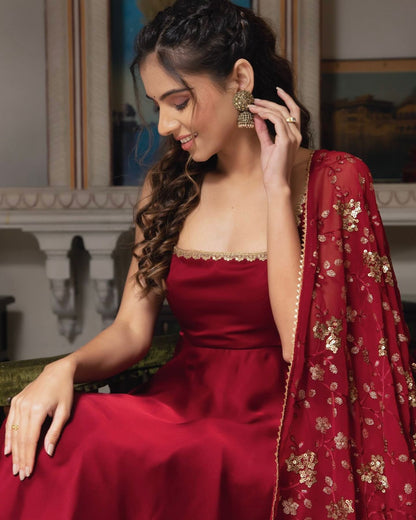 Designer Party & Wedding Wear Heavy Faux Georgette With Embroidery Sequence Work With Gown Pant & Dupatta Set
