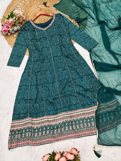 Designer Print Muslin Cotton Detailed Embroidery Kurti With Dupatta Set