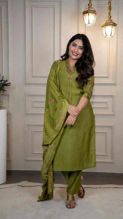 Premium Roman Silk Embroidery & Sequence Work Light Mahendi Kurta Pant With Dupatta Set