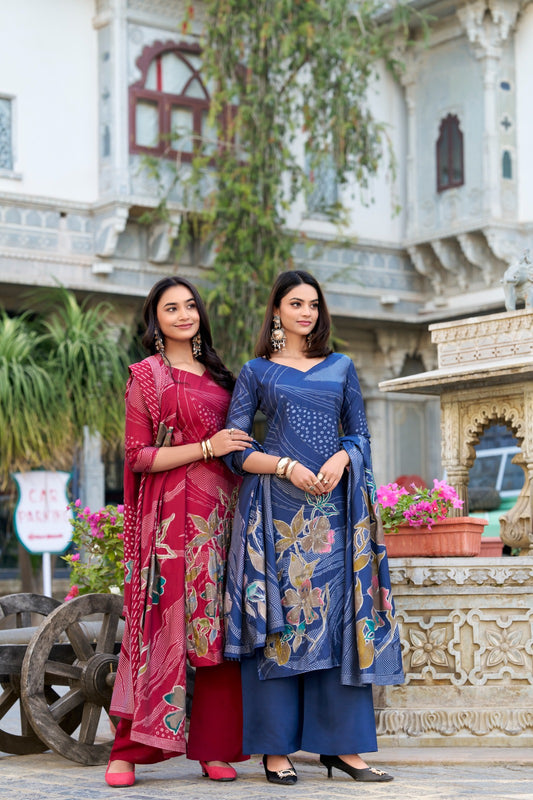 Stunning Roman Silk Floral Print & Handwork Salwar Suit Set