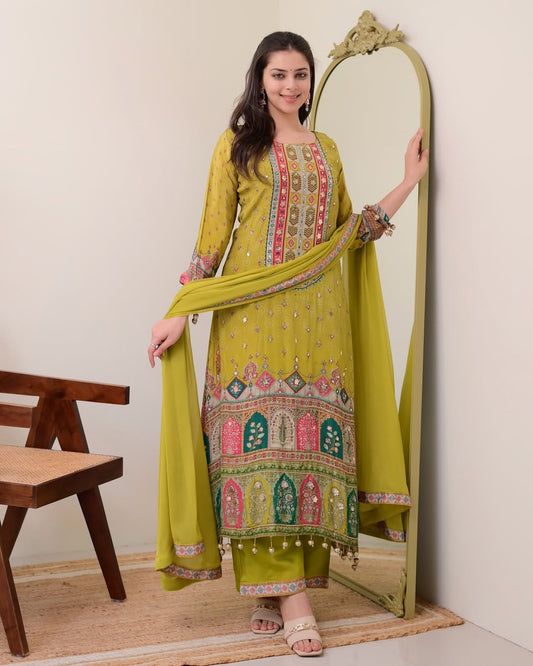 Pure Chinon Silk Pista Anarkali Kodi Work Round Kurti Pant With Dupatta Set