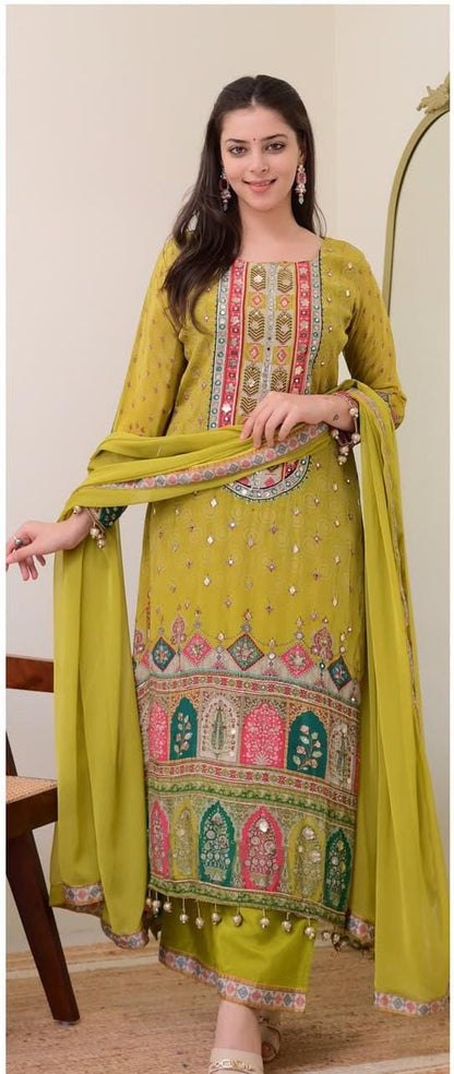 Pure Chinon Silk Pista Anarkali Kodi Work Round Kurti Pant With Dupatta Set