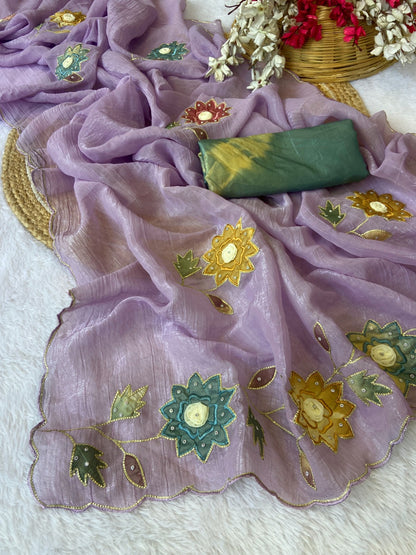 Premium Soft Crunchy Crush Fabric Saree With Heavy Design Handwork