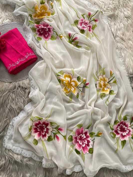 Premium Soft Georgette Saree With Brush Print & Siroski Cutwork Border
