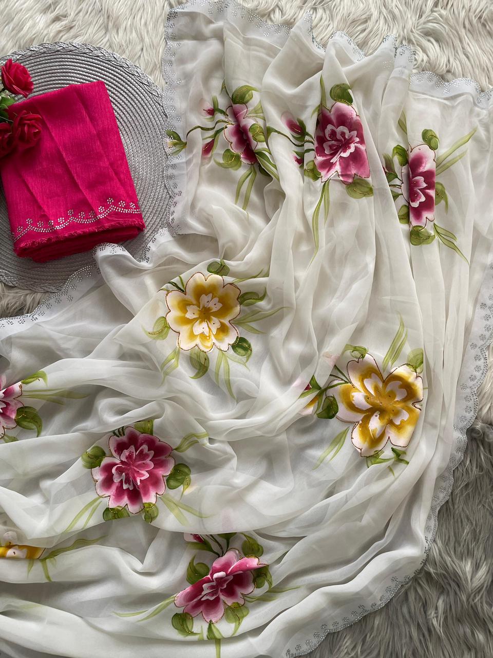 Premium Soft Georgette Saree With Brush Print & Siroski Cutwork Border
