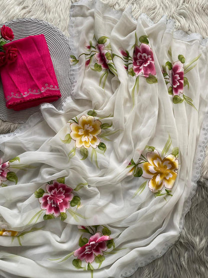 Premium Soft Georgette Saree With Brush Print & Siroski Cutwork Border