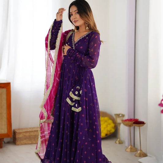 Designer Wear Faux Georgette Bandhani Print Anarkali Gown Pant & Dupatta Set