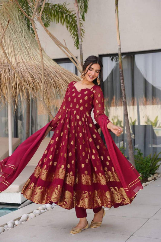 Designer Party & Wedding Wear Jacquard Faux Georgette Anarkali Gown Pant & Dupatta Set