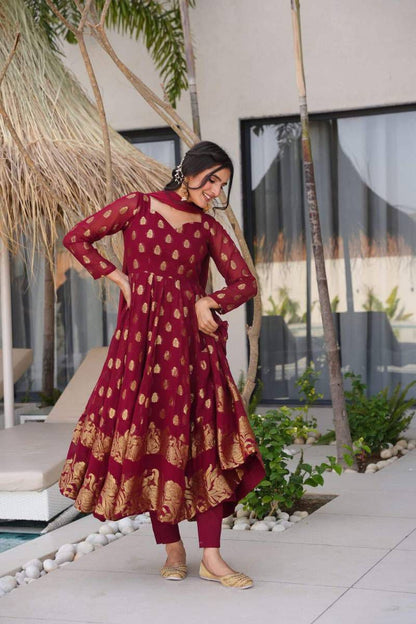 Designer Party & Wedding Wear Jacquard Faux Georgette Anarkali Gown Pant & Dupatta Set
