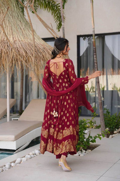 Designer Party & Wedding Wear Jacquard Faux Georgette Anarkali Gown Pant & Dupatta Set