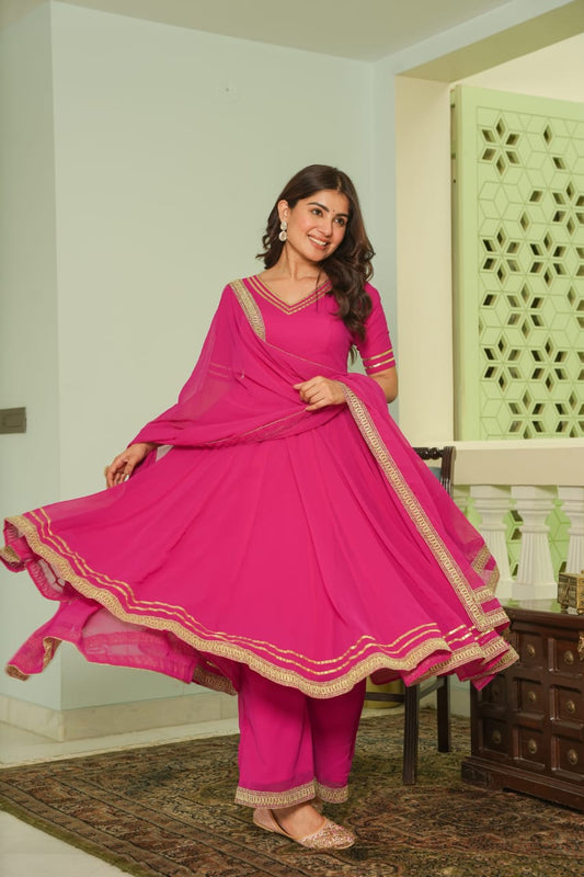 Pure Georgette Heavy Embroidery & Lace Work Anarkali Style Kurti Pant With Dupatta