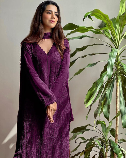 Stylish Faux Georgette Chikankari Embroidery & Lace Work Kurti Pant With Dupatta Set