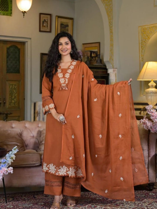 Premium Designer Soft Rayon Slub Embroidery & Lace Work Kurti Pant With Dupatta Set