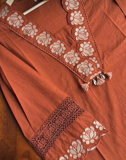 Premium Designer Soft Rayon Slub Embroidery & Lace Work Kurti Pant With Dupatta Set