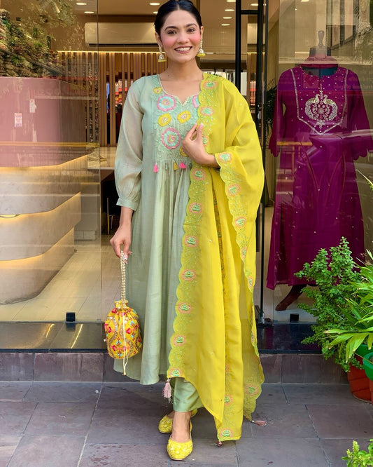 Premium Parampara Silk Embroidery Work Festive Wear Kurta Pant Dupatta Set