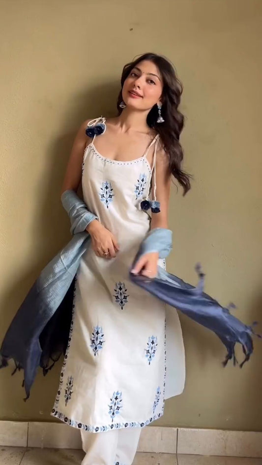 Pure Kora Khadi Cotton Spaghetti Top & Pant With Dupatta