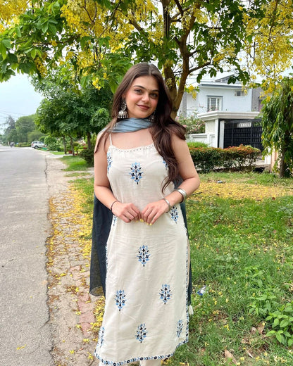 Pure Kora Khadi Cotton Spaghetti Top & Pant With Dupatta