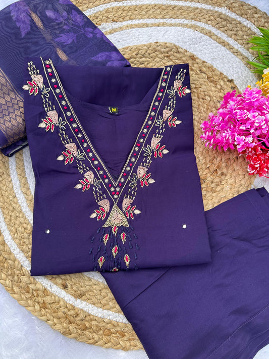 Premium Roman Silk Handwork Kurti Pant Dupatta Set