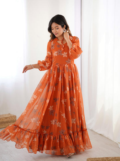 Marigold Muse Faux Georgette Orange Floral Gown