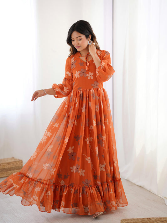 Marigold Muse Faux Georgette Orange Floral Gown