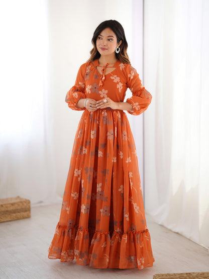 Marigold Muse Faux Georgette Orange Floral Gown