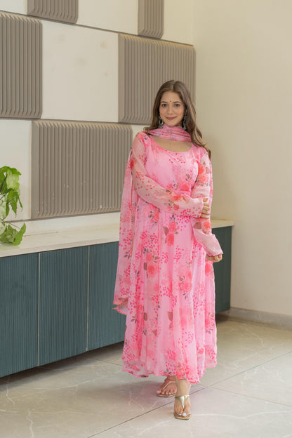 Pure Soft Lightweight Organza Floral Print Umbrella Gown Style Suit Set
