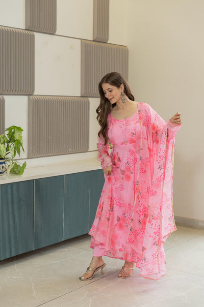 Pure Soft Lightweight Organza Floral Print Umbrella Gown Style Suit Set