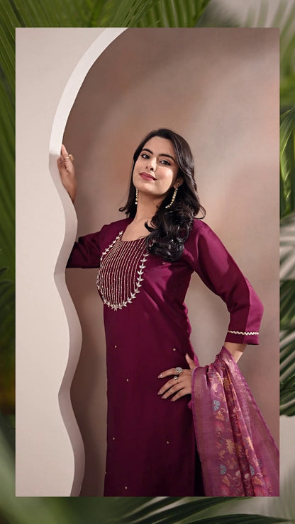 Premium Roman Silk Hand Work Dark Pink Kurti Pant With Dupatta Set