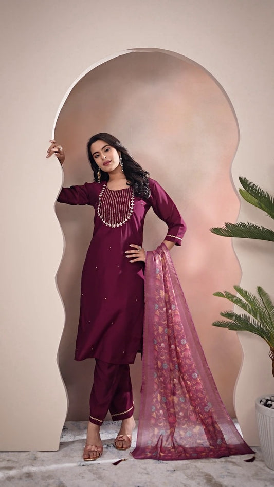 Premium Roman Silk Hand Work Dark Pink Kurti Pant With Dupatta Set