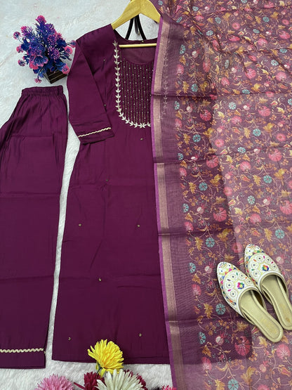 Premium Roman Silk Hand Work Dark Pink Kurti Pant With Dupatta Set