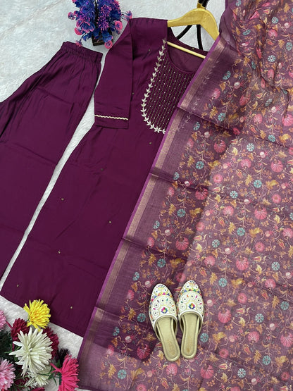 Premium Roman Silk Hand Work Dark Pink Kurti Pant With Dupatta Set