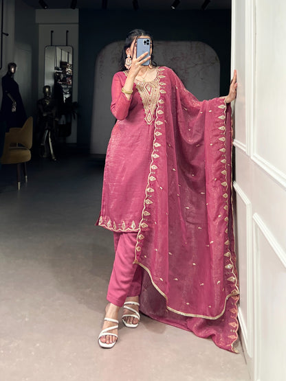 Rich Silver Glory (Crunchy) With Sequins and Thread Embroidery Work Kurti Pant With Dupatta
