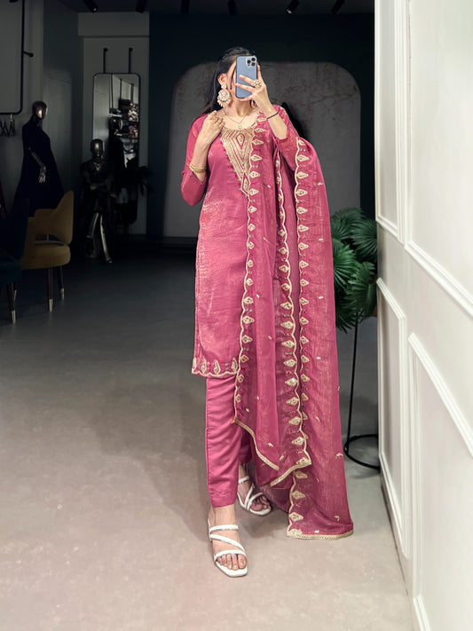 Rich Silver Glory (Crunchy) With Sequins and Thread Embroidery Work Kurti Pant With Dupatta