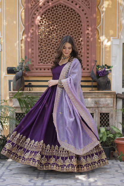 Premium New Designer Wear Star Georgette Embroidery Zari Sequins Work Gown & Dupatta Set
