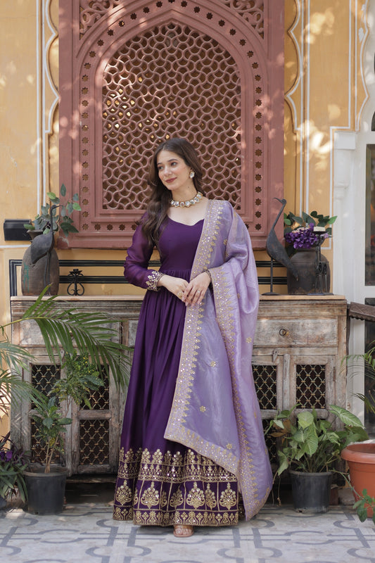 Premium New Designer Wear Star Georgette Embroidery Zari Sequins Work Gown & Dupatta Set