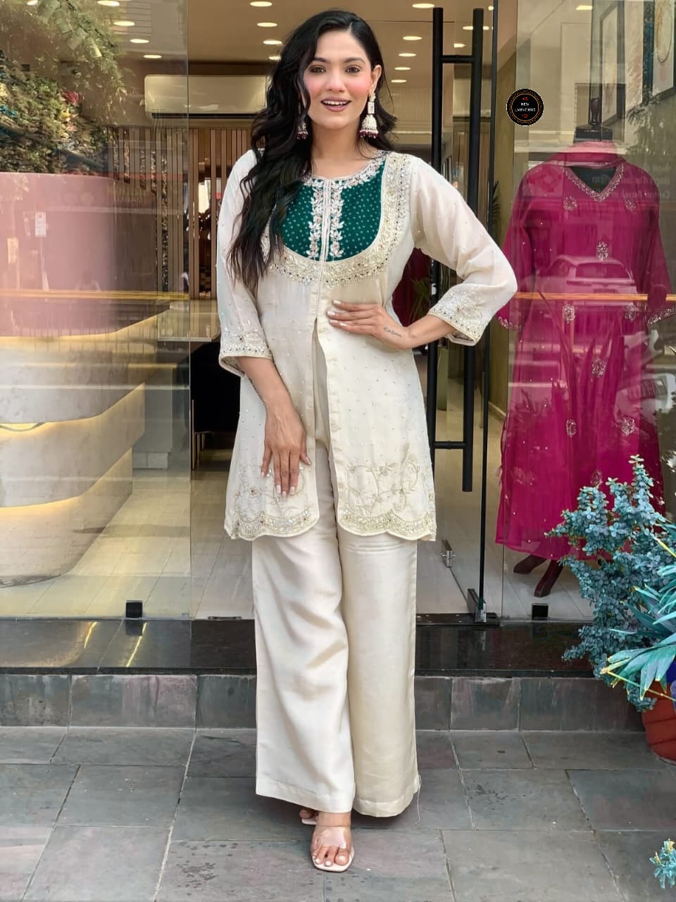 Designer Wear Roman Silk Coding Sequence Embroidery Work Kurti Pant Set