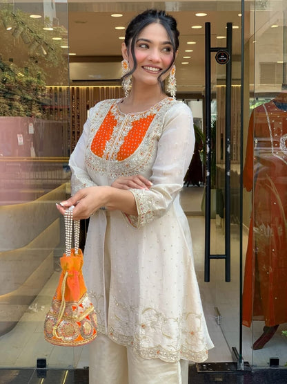 Designer Wear Roman Silk Coding Sequence Embroidery Work Kurti Pant Set
