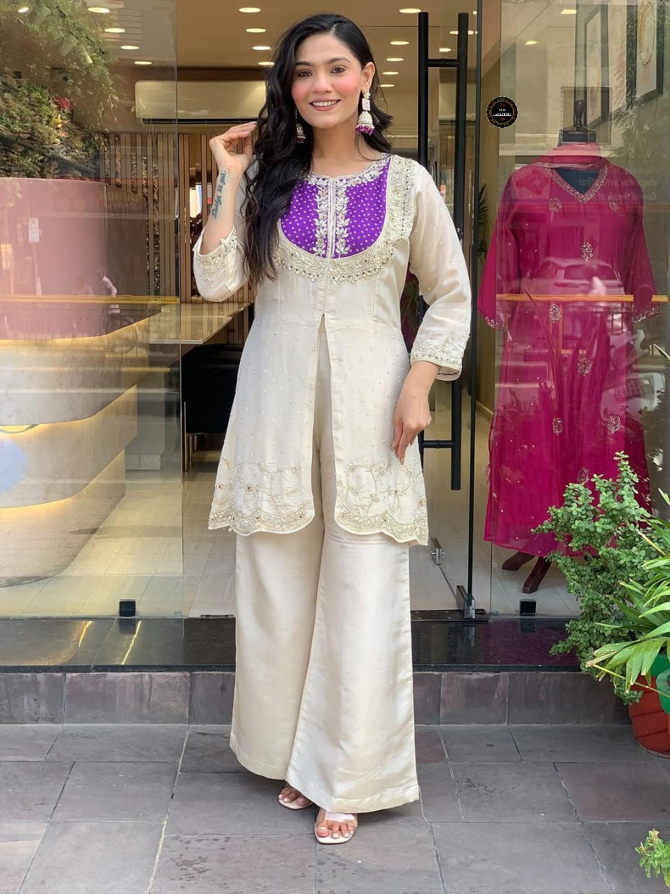 Designer Wear Roman Silk Coding Sequence Embroidery Work Kurti Pant Set