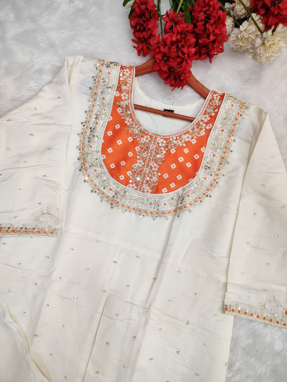 Designer Wear Roman Silk Coding Sequence Embroidery Work Kurti Pant Set