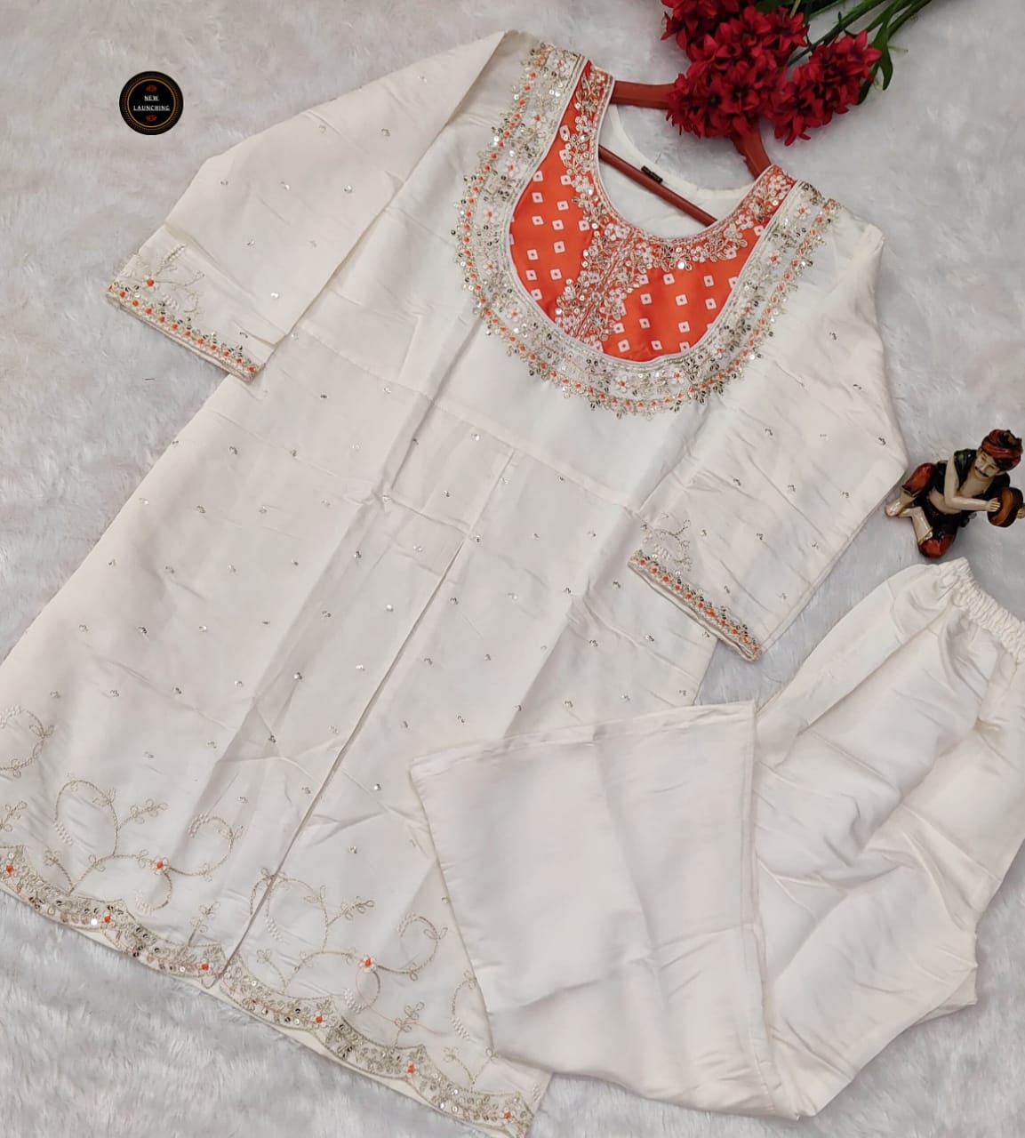 Designer Wear Roman Silk Coding Sequence Embroidery Work Kurti Pant Set