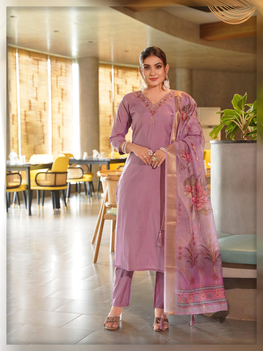 Designer Roman Silk Embroidery Hand Work Coral Pink Kurti Pant With Dupatta Set