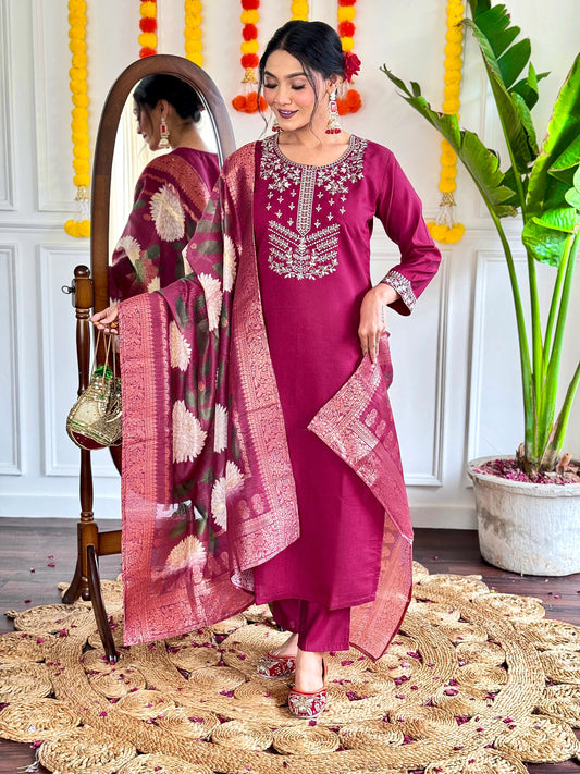 Pure Viscose Chanderi Embroidery Work Wine Kurti Pant With Dupatta Set