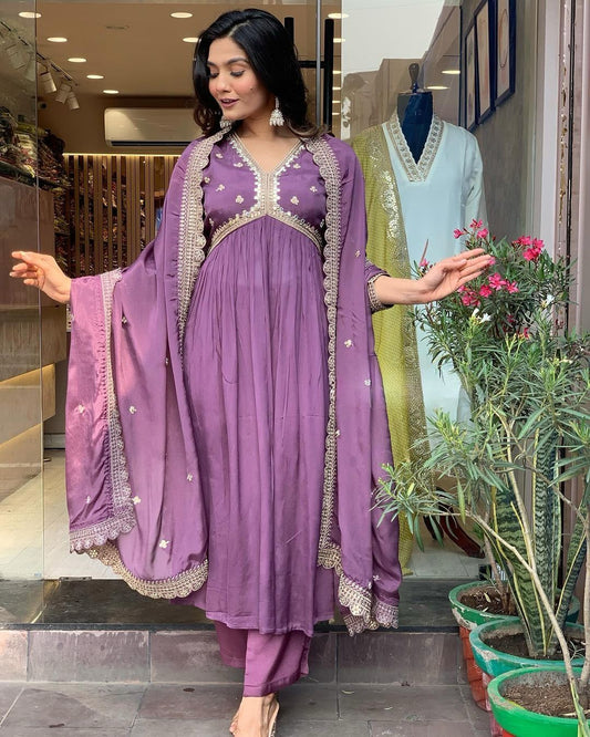 Pure Chinon Silk Alia Cut Gown Embroidery & Sequin Work With Pant & Dupatta