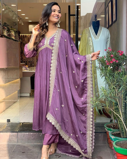 Pure Chinon Silk Alia Cut Gown Embroidery & Sequin Work With Pant & Dupatta