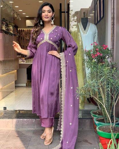 Pure Chinon Silk Alia Cut Gown Embroidery & Sequin Work With Pant & Dupatta